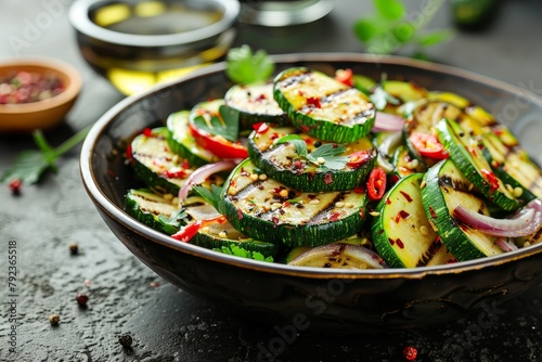 Zucchini salad with grilled onion and chili pepper