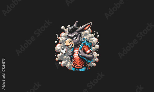 donkey angry wearing back pack with smoke vector design