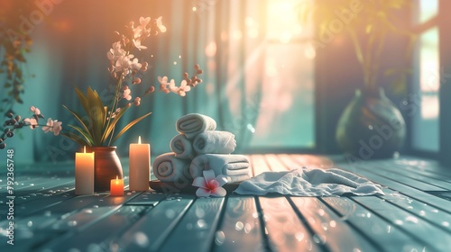 The atmosphere of the massage place has candles, towels to cover the body and pots of flowers in a comfortable atmosphere with soft sunlight on a relaxing day photo