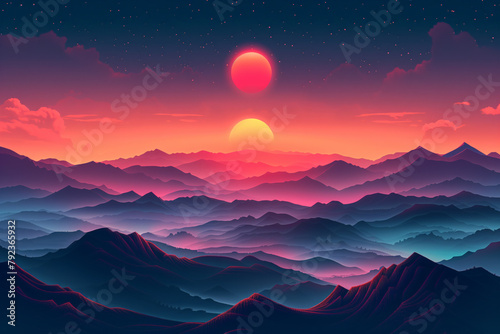 Majestic sunset over mountain range 8k hi-res sci-fi wallpaper background