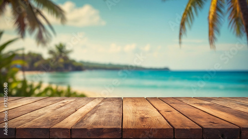 .Empty wooden deck overlooking a blurred tropical beach paradise with palm leaves and turquoise sea.