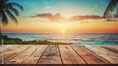 .Empty wooden deck overlooking a blurred tropical beach paradise with palm leaves and turquoise sea.