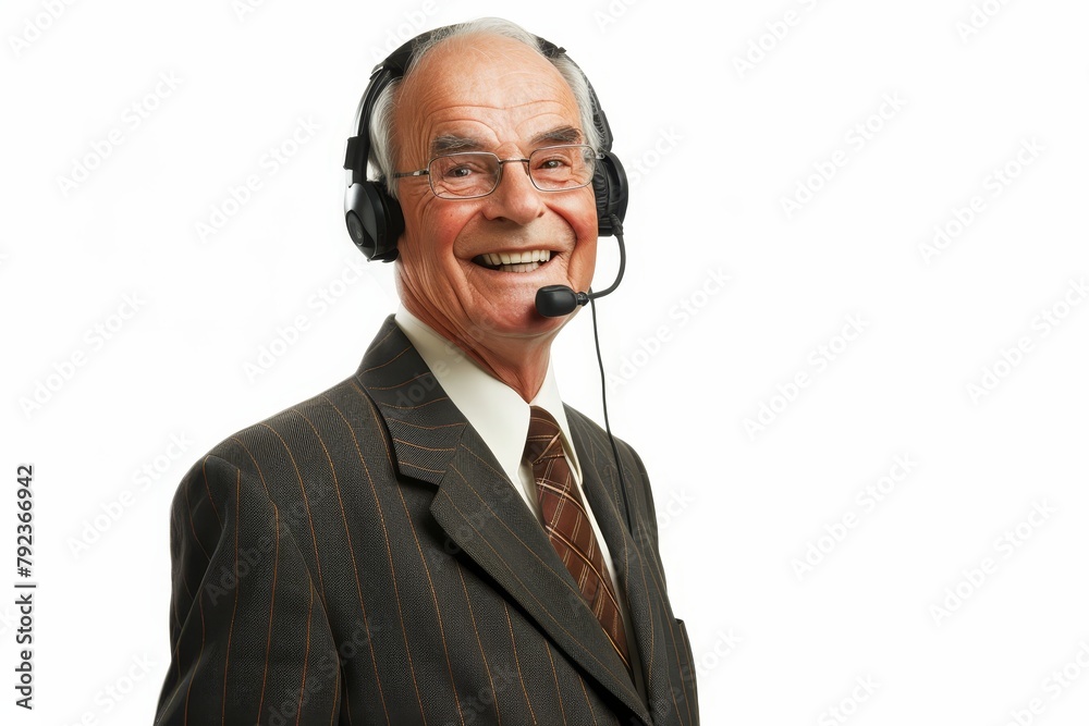Happy man using headset on white backdrop Happy man using headset on white backdrop