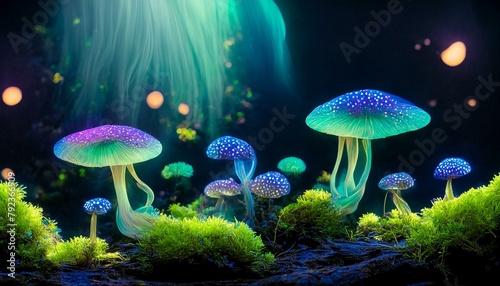 Prompt: Biologically bioluminescent polka-dotted mushrooms sprout iridescent wings and take flight from a mossy moonlit forest floor. photo