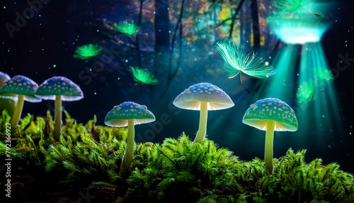 Prompt  Biologically bioluminescent polka-dotted mushrooms sprout iridescent wings and take flight from a mossy moonlit forest floor.
