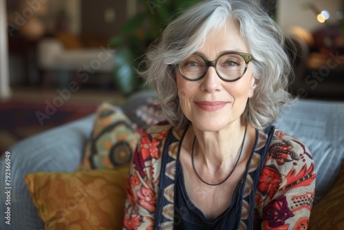 Happy old lady with gray hair sitting on sofa at home smiling at camera