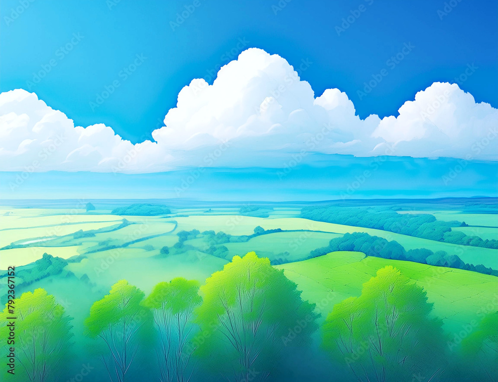 Fototapeta premium 白い雲が浮かぶ初夏の山を遠くから見たアニメ風の風景。手前には木々が生い茂っている。