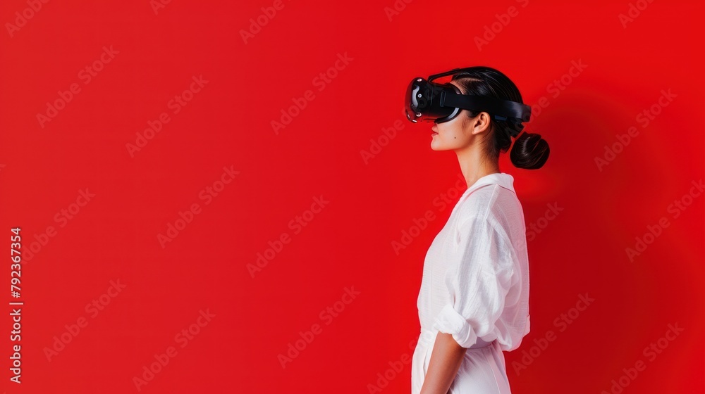Portrait of woman using VR metaverse headset on red background, Woman wearing virtual reality headset Portrait of woman using VR metaverse headset on red background, Woman wearing virtual reality headset