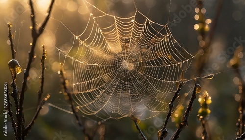 Wallpaper Mural a spider web in early morning sunlight, light foggy background, water droplets on the web, mystic light Torontodigital.ca