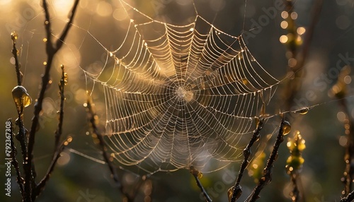 a spider web in early morning sunlight, light foggy background, water droplets on the web, mystic light