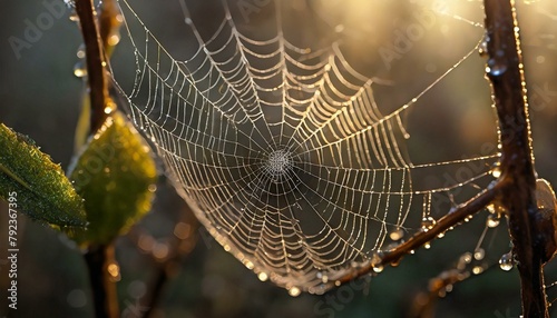 Wallpaper Mural a spider web in early morning sunlight, light foggy background, water droplets on the web, mystic light Torontodigital.ca