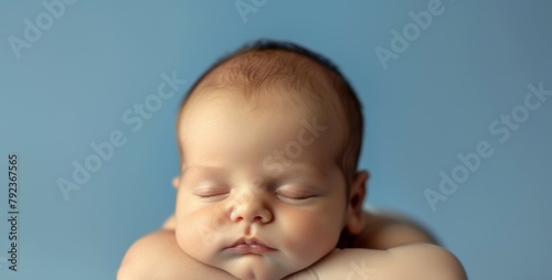 Healthy baby sleeps on blue background lying on stomach