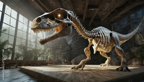 Dinosaur skeleton of a T-Rex on display in a natural history museum. Photorealistic, hyper-detailed. Wide-angle shot. © Jame
