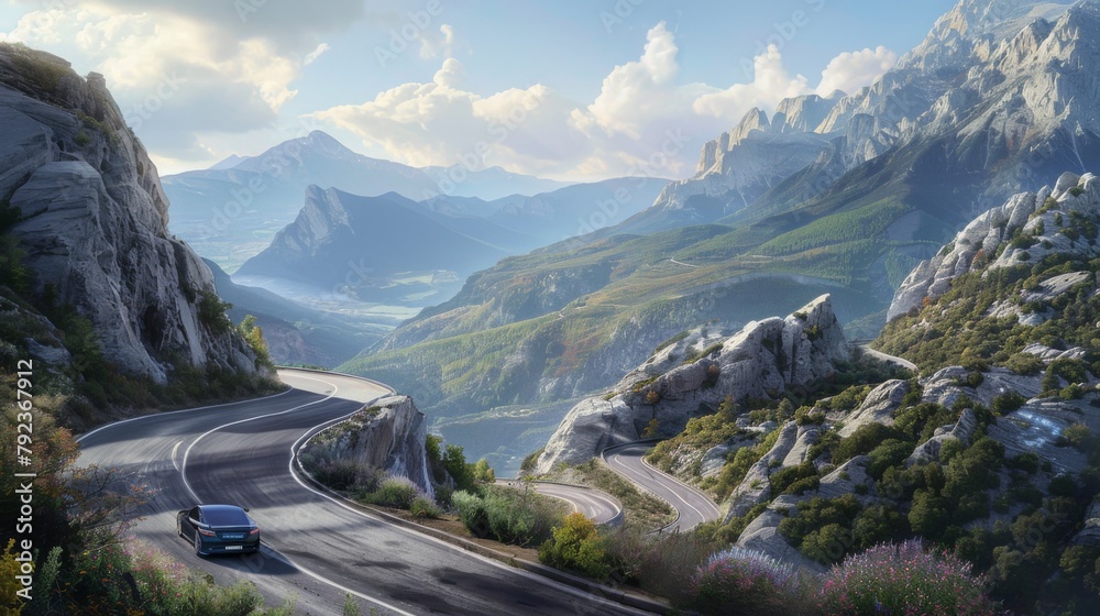 A car navigating hairpin bends on a scenic mountain highway, overlooking stunning vistas - obrazy, fototapety, plakaty 