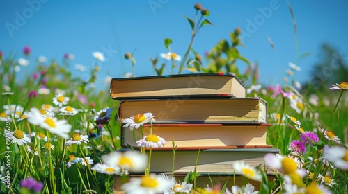 Fototapeta Naklejka Na Ścianę i Meble -  Stack of hardcover books amidst wildflowers in a vibrant meadow, under a clear blue sky.