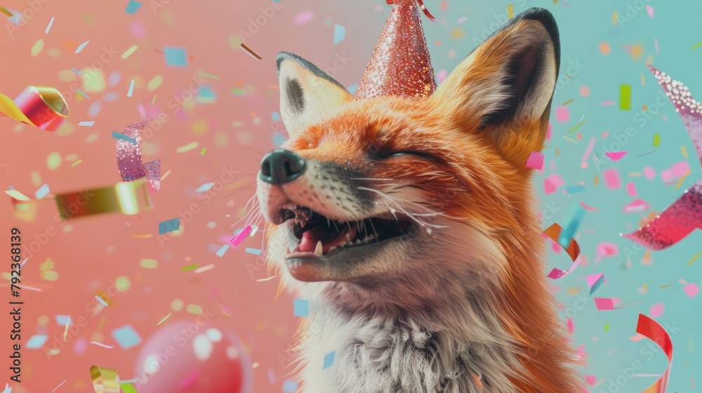 Naklejka premium Digital illustration of a joyful fox wearing a party hat among falling confetti.