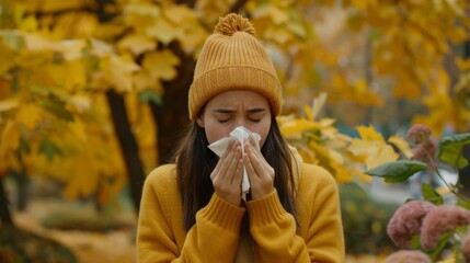 Young woman sneezing into tissue outdoors surrounded by fall foliage.
