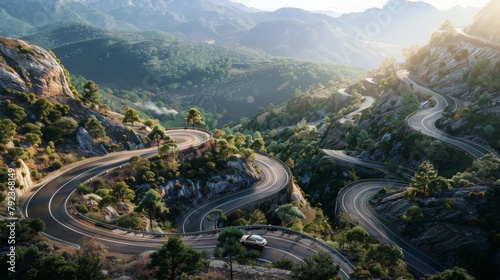 A car navigating hairpin bends on a scenic mountain highway, overlooking stunning vistas photo