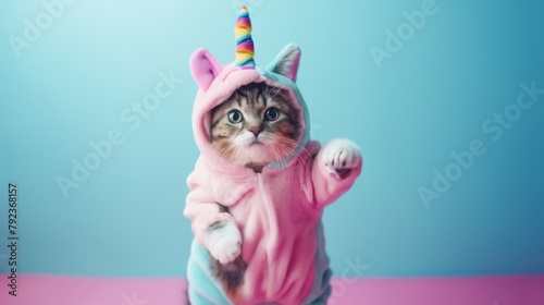 A chubby cat dressed in a cute unicorn costume, striking a pose
