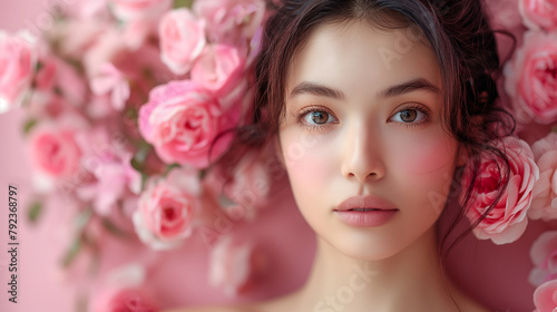 Image of roses and beauty of Asian women (skin care, body care, beauty salon). 