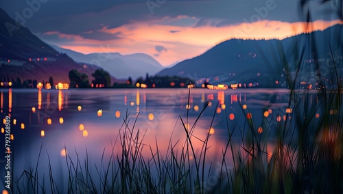 Blurred City Lights Reflected in the Water of Lake Novi Becher at Sunset, Blurred Grasses and Mountains in the Background, Summer Evening Scene near the Mont_artiste d’or Alps, Body Shot Style. photo