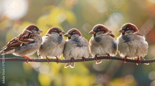 A close-up of a group of sparrows perched on a wire, chirping and socializing as they enjoy the warmth of the morning sun. photo