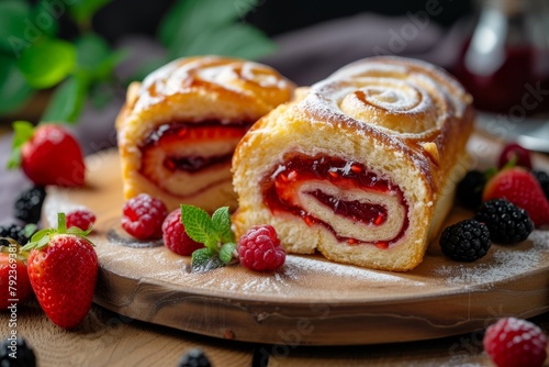Homemade sweet roll with strawberry jam and berries on wooden background sliced photo
