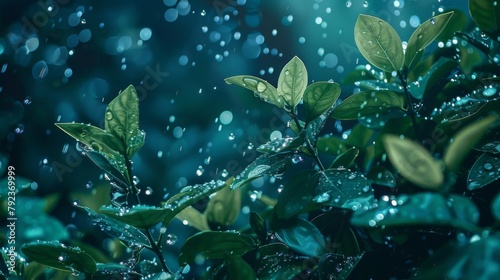 A close-up of raindrops splashing onto vibrant green leaves in the moonlight