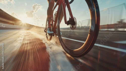 A cyclist racing down a track their bike powered by an innovative biofuel technology leaving a trail of sustainable exhaust behind as they speed towards the finish line. .