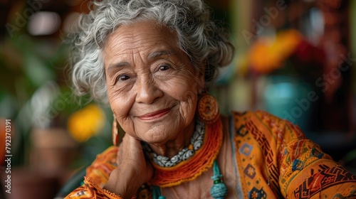 smiling portrait of a happy senior latin or mexican woman in a nursing home,art illustration