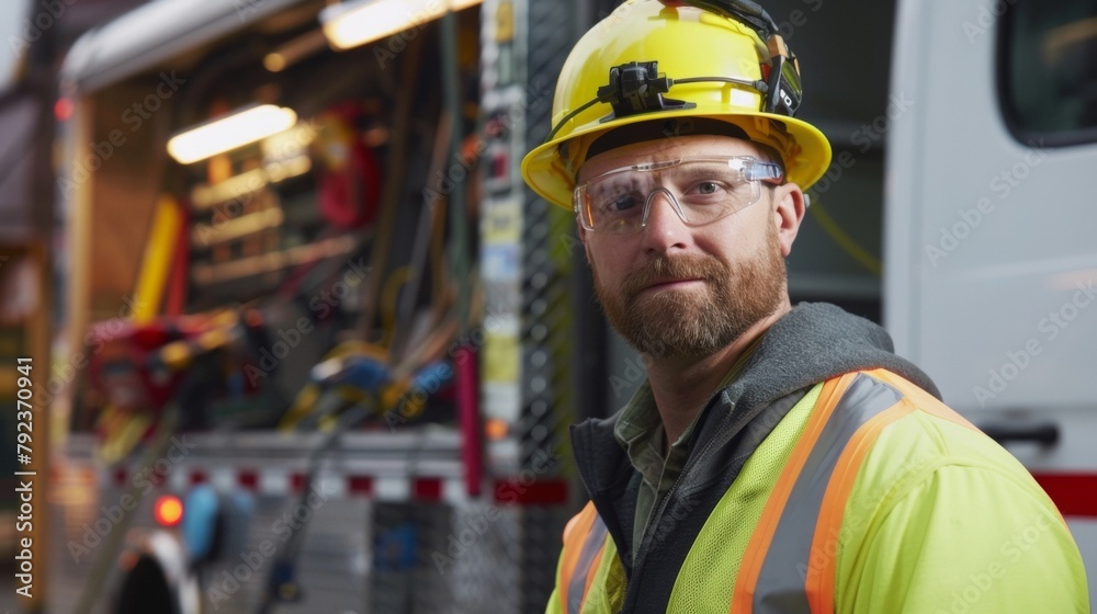A confident electrician standing in front of a toolfilled truck donning a bright yellow hard hat and safety glasses ready to tackle any potential hazards on the job. . A confident electrician standing in front of a toolfilled truck donning a bright yellow hard hat and safety glasses ready to tackle any potential hazards on the job. .