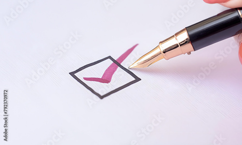 close up a hand man woman with pen writing on paper with check mark icon isolated white background,