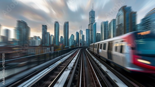 A commuter train speeding through an urban landscape, with skyscrapers towering in the background against a cloudy sky. photo