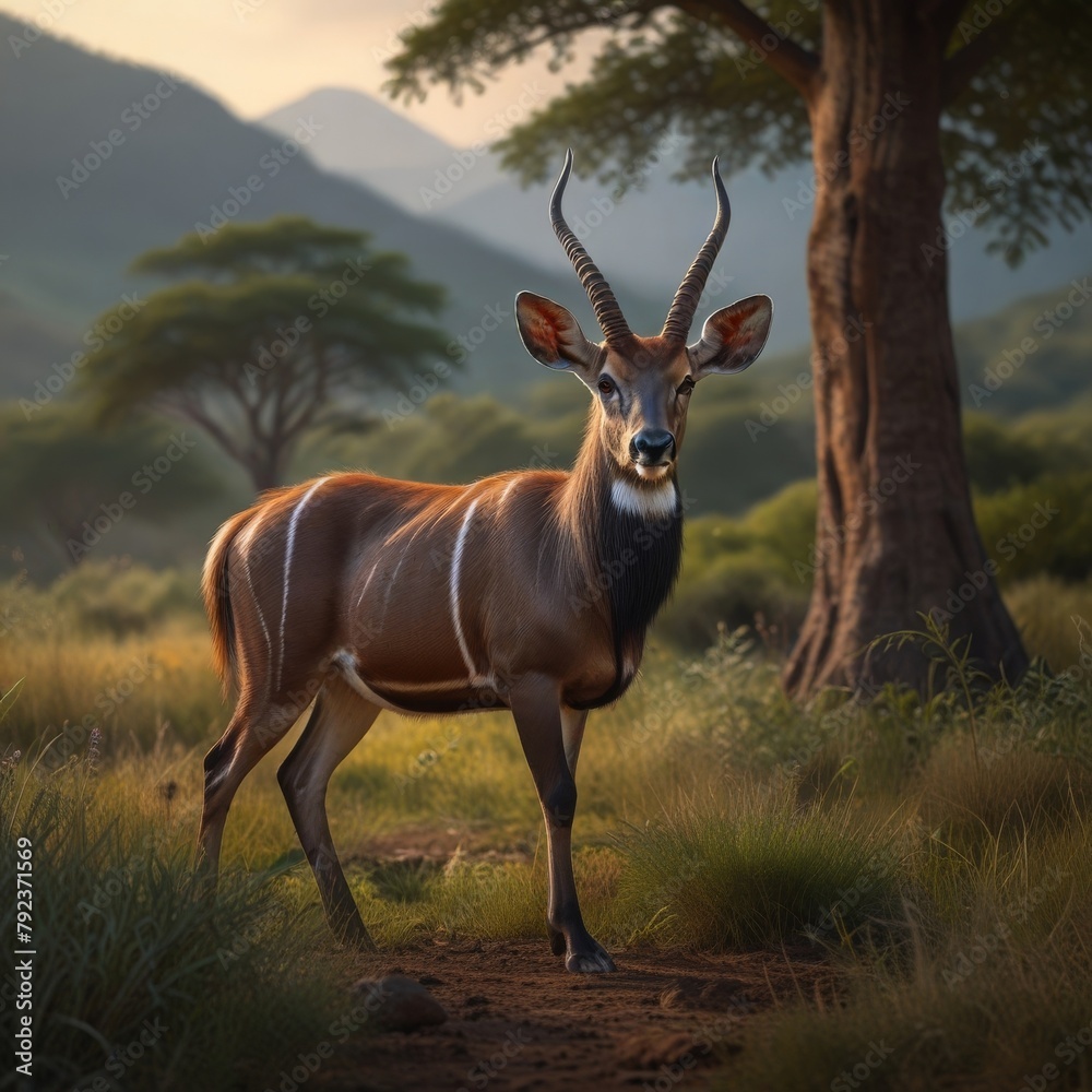 ILLUSTRATION Mountain nyala, Tragelaphus buxtoni, or balbok antelope in the nature habitat ILLUSTRATION Mountain nyala, Tragelaphus buxtoni, or balbok antelope in the nature habitat