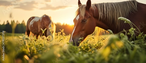 Horses grazing, focusing on the production of bi-products like glue and supplements photo