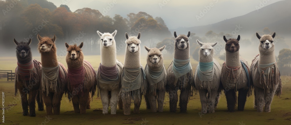 Fototapeta premium Alpaca herd in a misty morning field, display of woven alpaca fabrics and garments