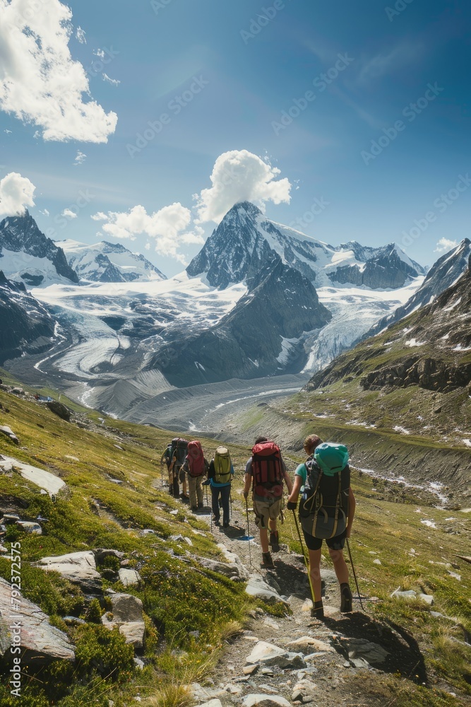 Fototapeta premium Group of mountain guides leading a group of hikers up a rugged trail to the summit of a majestic peak, with panoramic views of snow-capped mountains, Generative AI