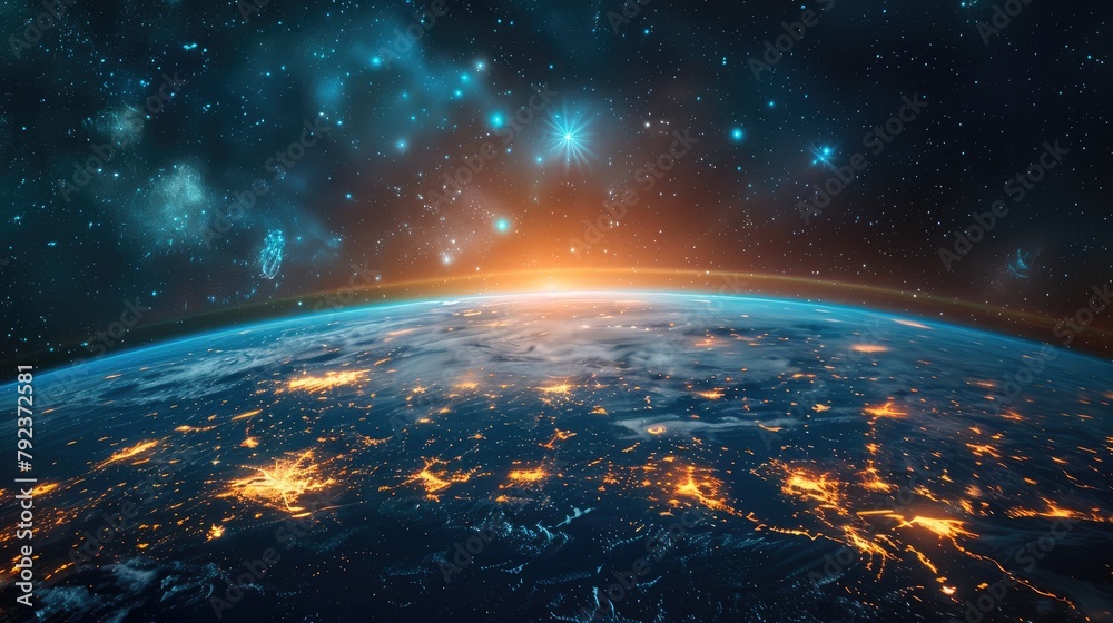 The image portrays the Earth at the center of a vast virtual cosmos, where digital stars and galaxies represent the boundless potential of global connectivity.,art photo