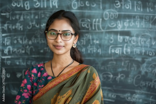 Indian lady teacher in front of blackboard