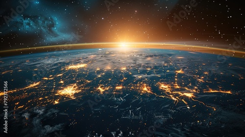 Waves of digital energy traverse the electromagnetic spectrum, illuminating the Earth and underscoring the pervasive influence of technology on global communication. stock photo