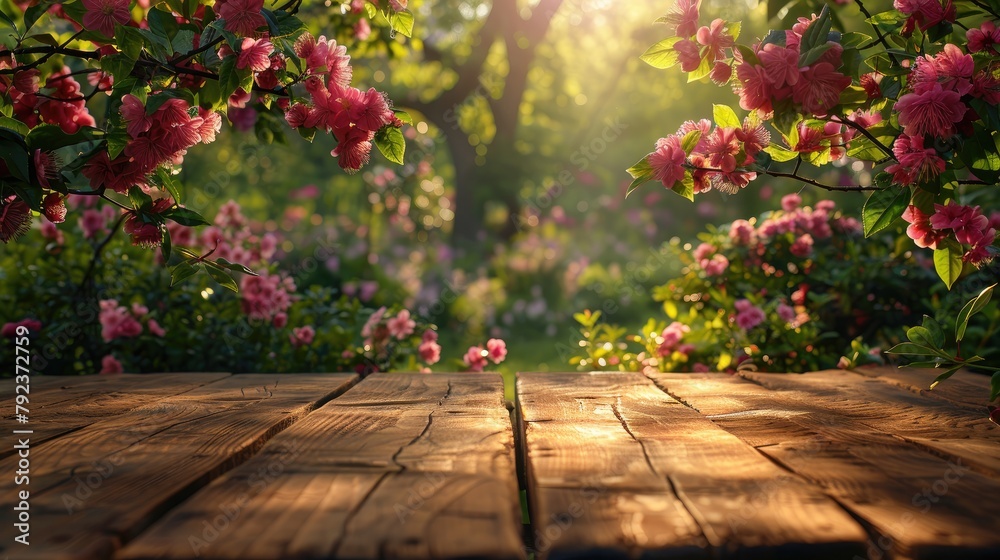 spring beautiful background with green lush young foliage and flowering branches with an empty wooden table on nature outdoors in sunlight in garden illustration