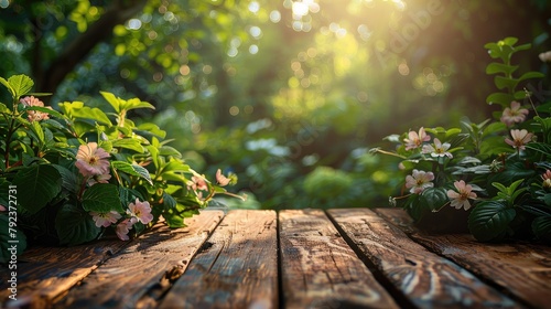 spring beautiful background with green lush young foliage and flowering branches with an empty wooden table on nature outdoors in sunlight in garden stock photo
