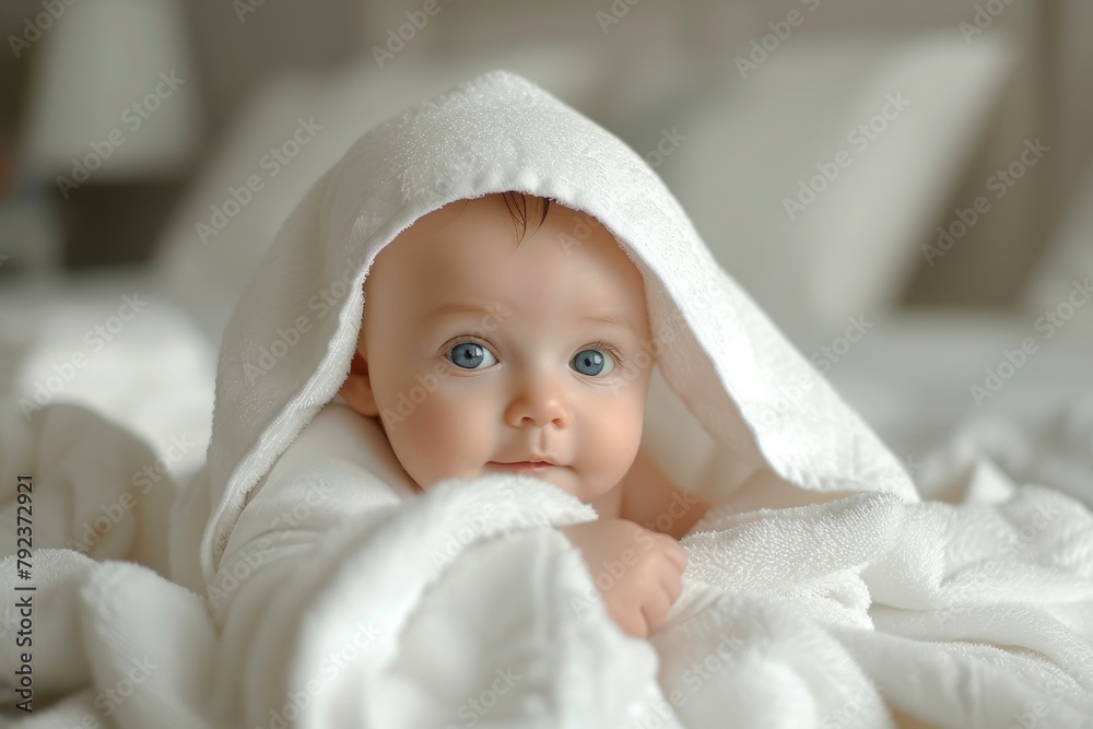 Infant boy wrapped in white towel post bath at residence Infant boy wrapped in white towel post bath at residence