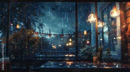 A cozy cafe window overlooking a starlit sky, with raindrops streaking down the glass, inviting contemplation and warmth.