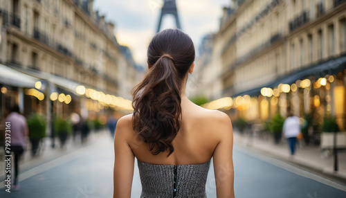 Parisian woman gazes seductively, her bare back exposed, embodying sensuality and allure in a blurred background