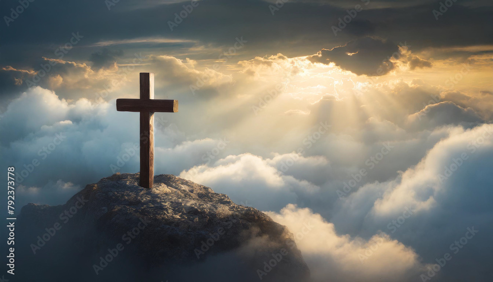 Cross silhouette against radiant sunburst through clouds, evoking spiritual power and faith at dusk Cross silhouette against radiant sunburst through clouds, evoking spiritual power and faith at dusk