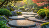 Tranquil Japanese garden scene with pathway of smooth rocks leading to zen
