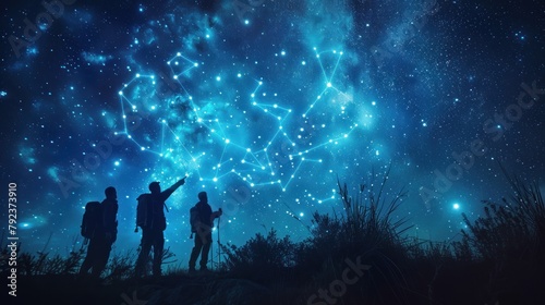 Astronomers Gazing at Starry Night Sky. Silhouettes of people with telescopes gazing up at a mesmerizing starry sky at dusk.