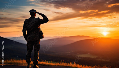 Powerful silhouette of soldier saluting at sunset  epitomizing honor and duty