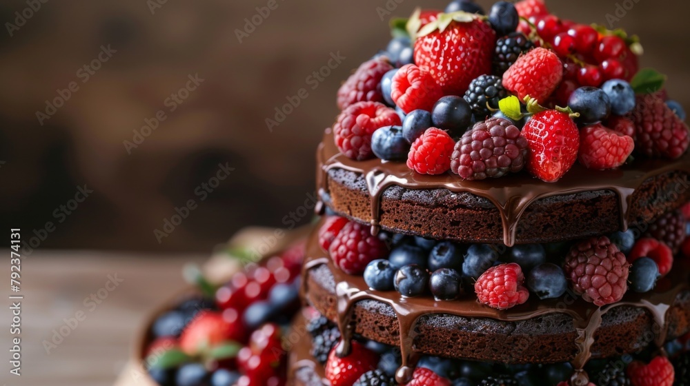 A decadent chocolate cake adorned with fresh berries, tempting the viewer with its rich layers and vibrant colors. A decadent chocolate cake adorned with fresh berries, tempting the viewer with its rich layers and vibrant colors.
